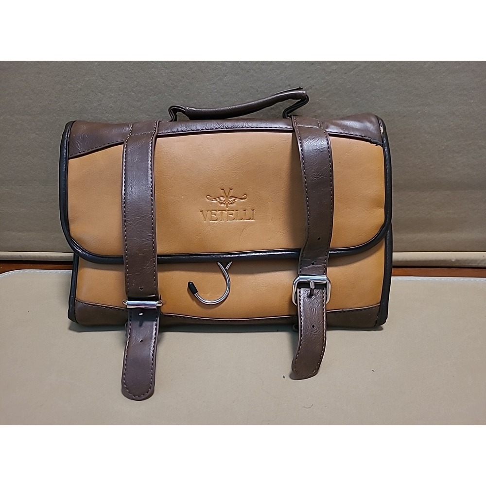 Vetelli Brown Vegan Leather Canvas Travel‎ Accessory Toiletries Case Hanging Bag